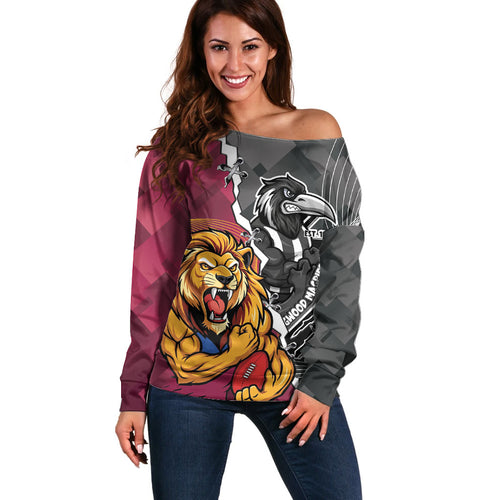 Personalised Collingwood and Brisbane Lions Off Shoulder Sweater Dynamic Mascots Together