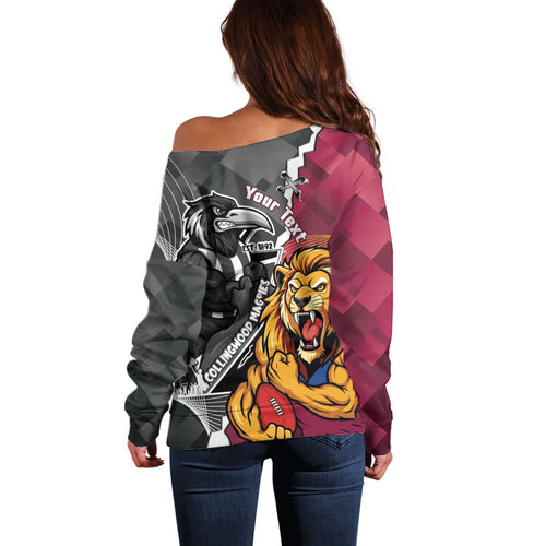 Personalised Collingwood and Brisbane Lions Off Shoulder Sweater Dynamic Mascots Together