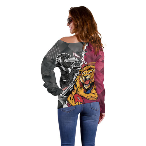 Personalised Collingwood and Brisbane Lions Off Shoulder Sweater Dynamic Mascots Together