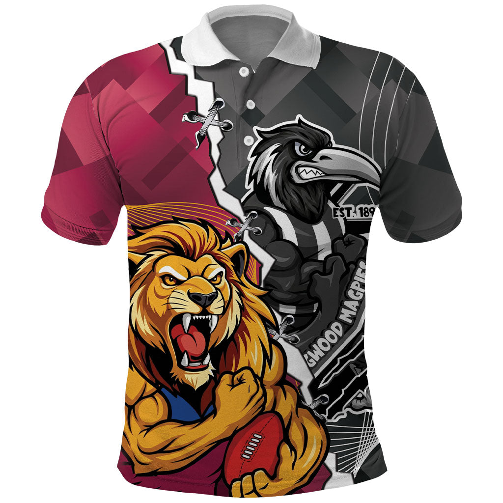Personalised Collingwood and Brisbane Lions Polo Shirt Dynamic Mascots Together