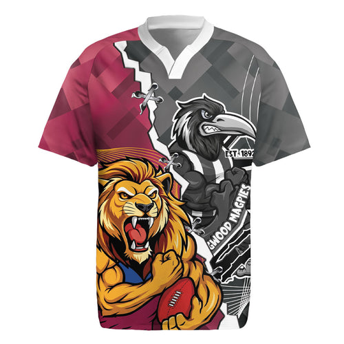 Personalised Collingwood and Brisbane Lions Rugby Jersey Dynamic Mascots Together