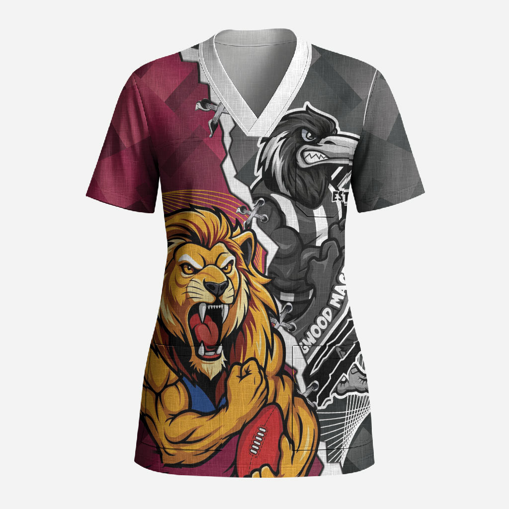 Personalised Collingwood and Brisbane Lions Scrub Top Dynamic Mascots Together