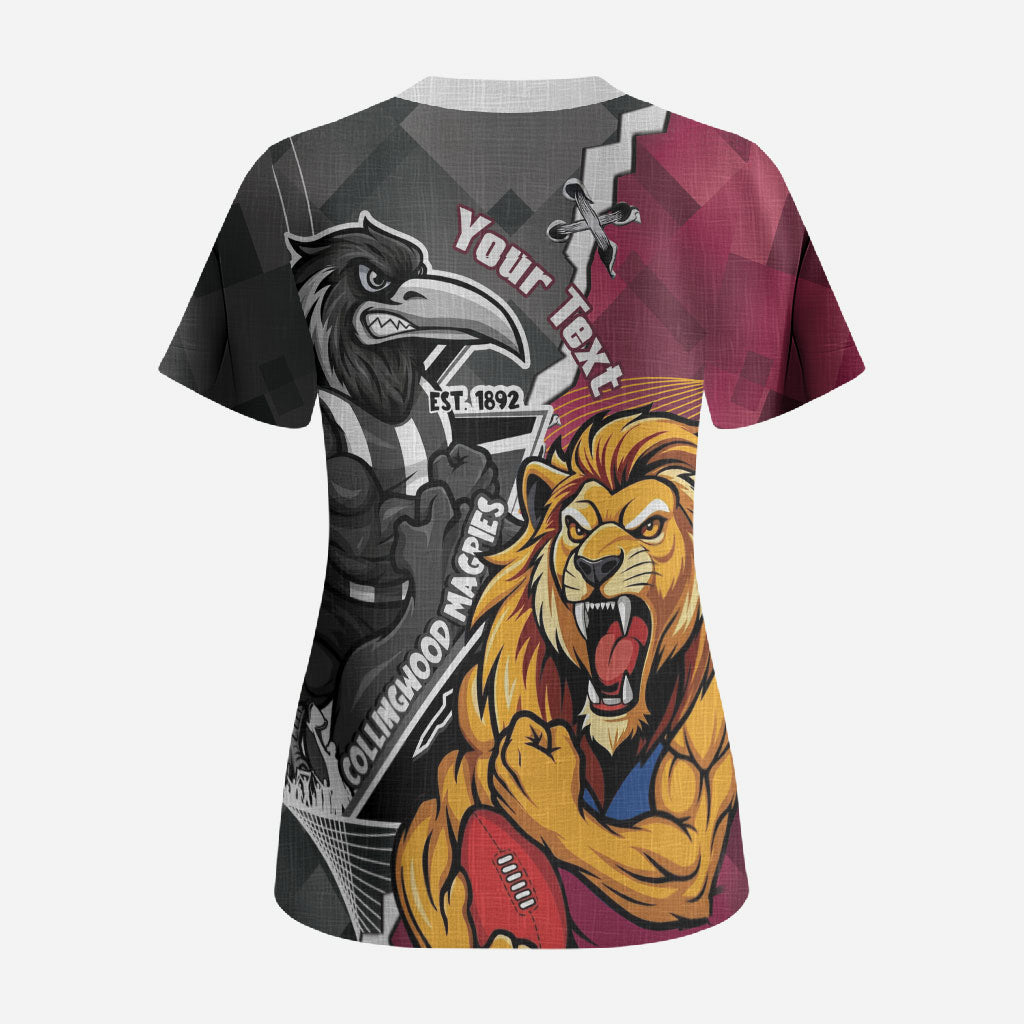 Personalised Collingwood and Brisbane Lions Scrub Top Dynamic Mascots Together