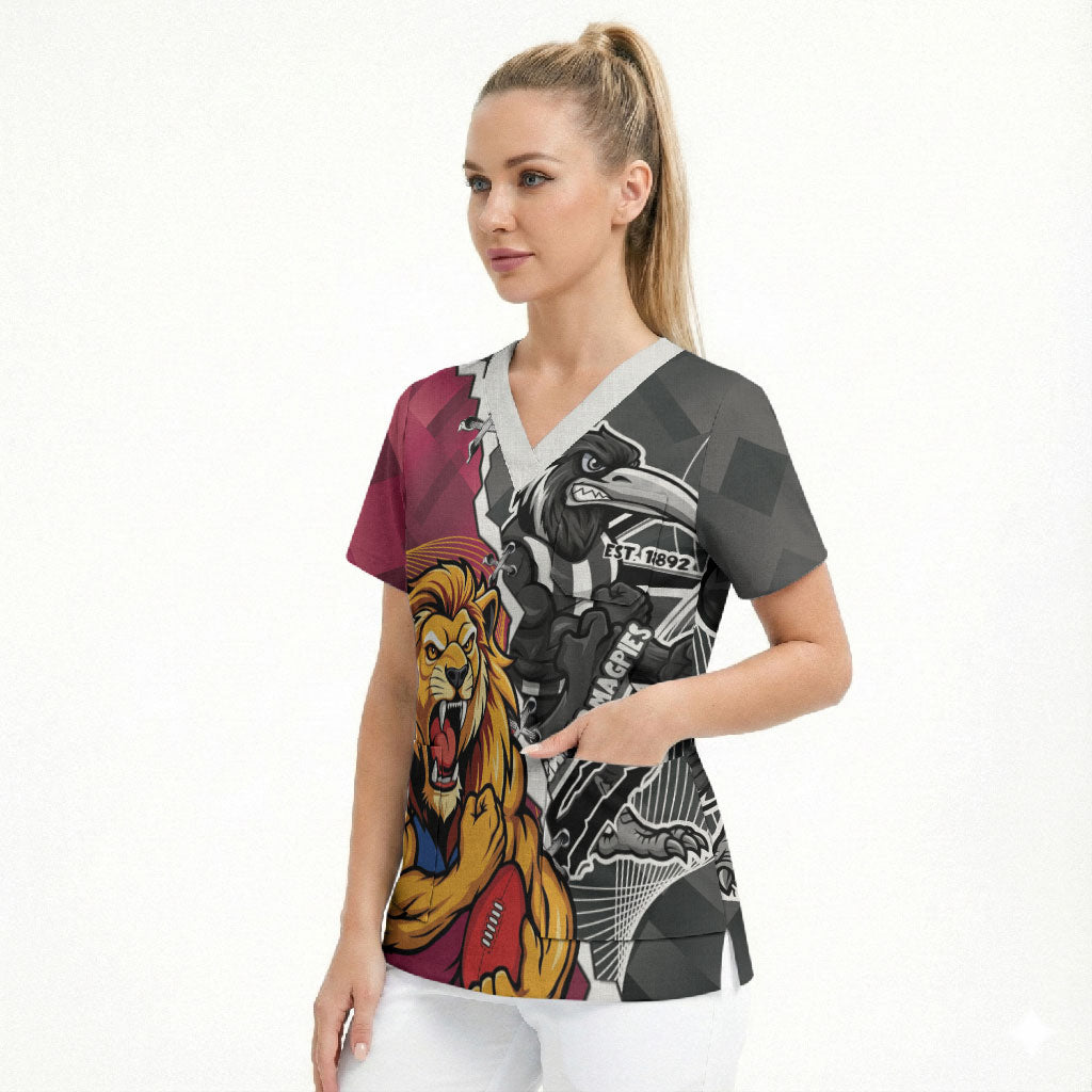 Personalised Collingwood and Brisbane Lions Scrub Top Dynamic Mascots Together