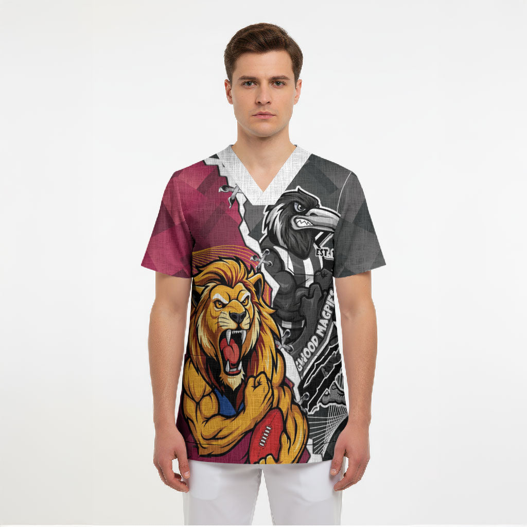 Personalised Collingwood and Brisbane Lions Scrub Top Dynamic Mascots Together