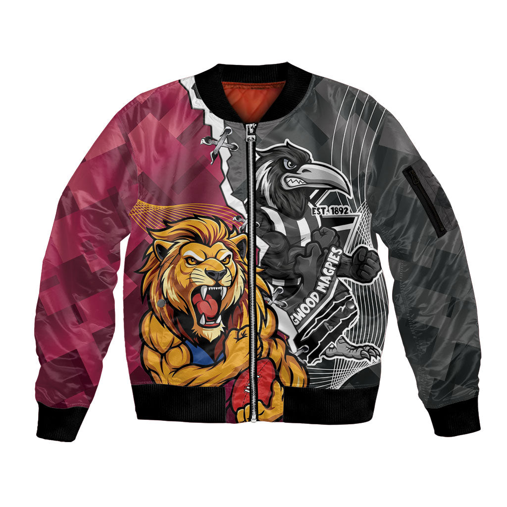 Personalised Collingwood and Brisbane Lions Sleeve Zip Bomber Jacket Dynamic Mascots Together