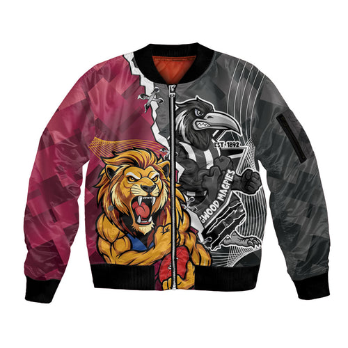 Personalised Collingwood and Brisbane Lions Sleeve Zip Bomber Jacket Dynamic Mascots Together