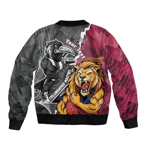 Personalised Collingwood and Brisbane Lions Sleeve Zip Bomber Jacket Dynamic Mascots Together