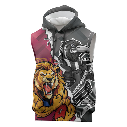 Personalised Collingwood and Brisbane Lions Sleeveless Hoodie Dynamic Mascots Together