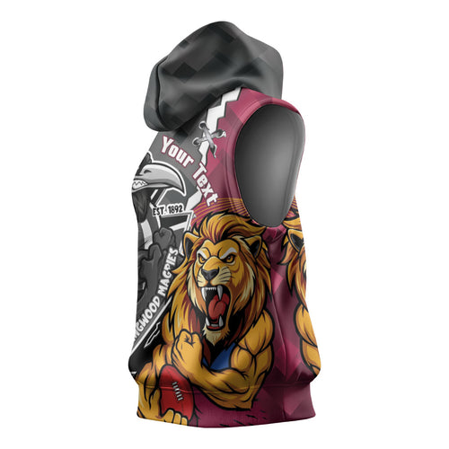 Personalised Collingwood and Brisbane Lions Sleeveless Hoodie Dynamic Mascots Together