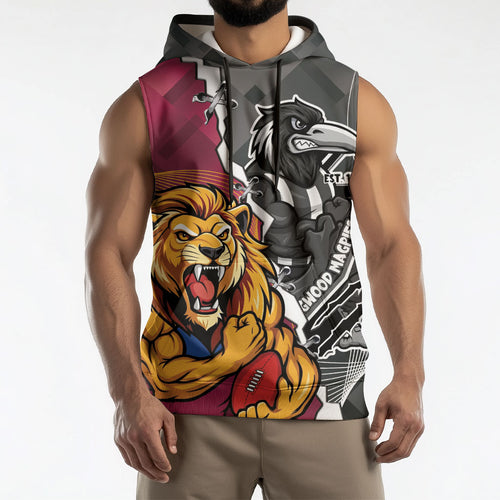Personalised Collingwood and Brisbane Lions Sleeveless Hoodie Dynamic Mascots Together