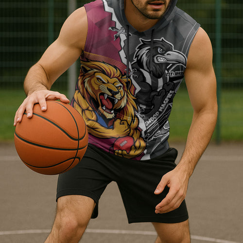 Personalised Collingwood and Brisbane Lions Sleeveless Hoodie Dynamic Mascots Together