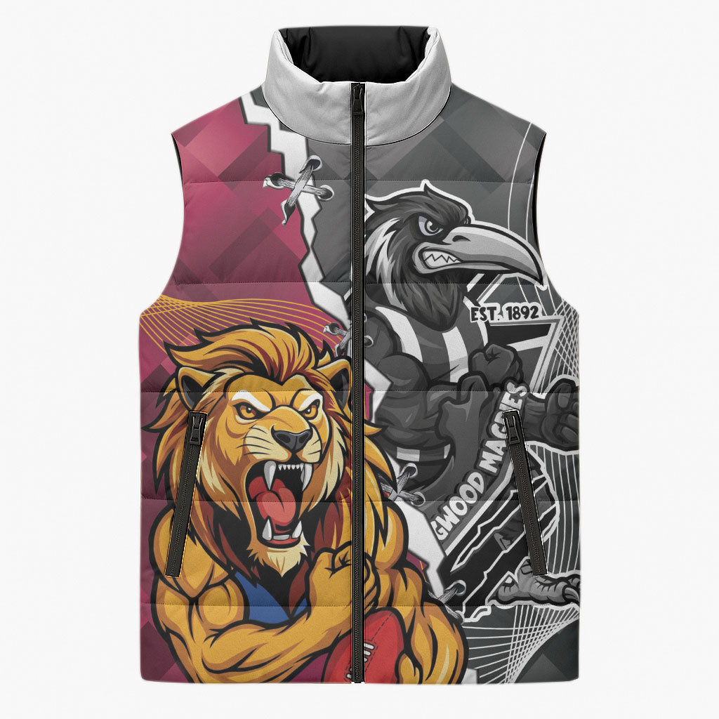 Personalised Collingwood and Brisbane Lions Sleeveless Puffer Jacket Dynamic Mascots Together