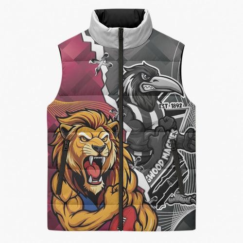Personalised Collingwood and Brisbane Lions Sleeveless Puffer Jacket Dynamic Mascots Together