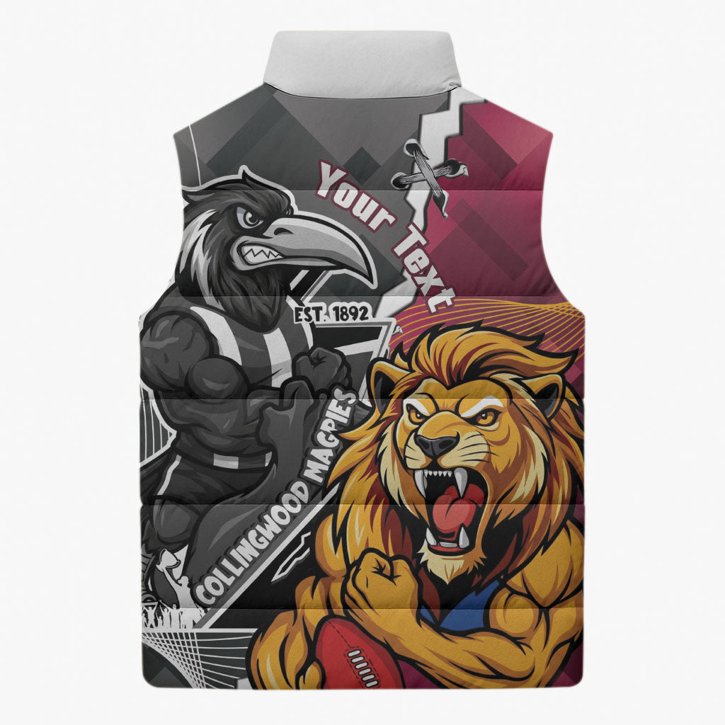 Personalised Collingwood and Brisbane Lions Sleeveless Puffer Jacket Dynamic Mascots Together
