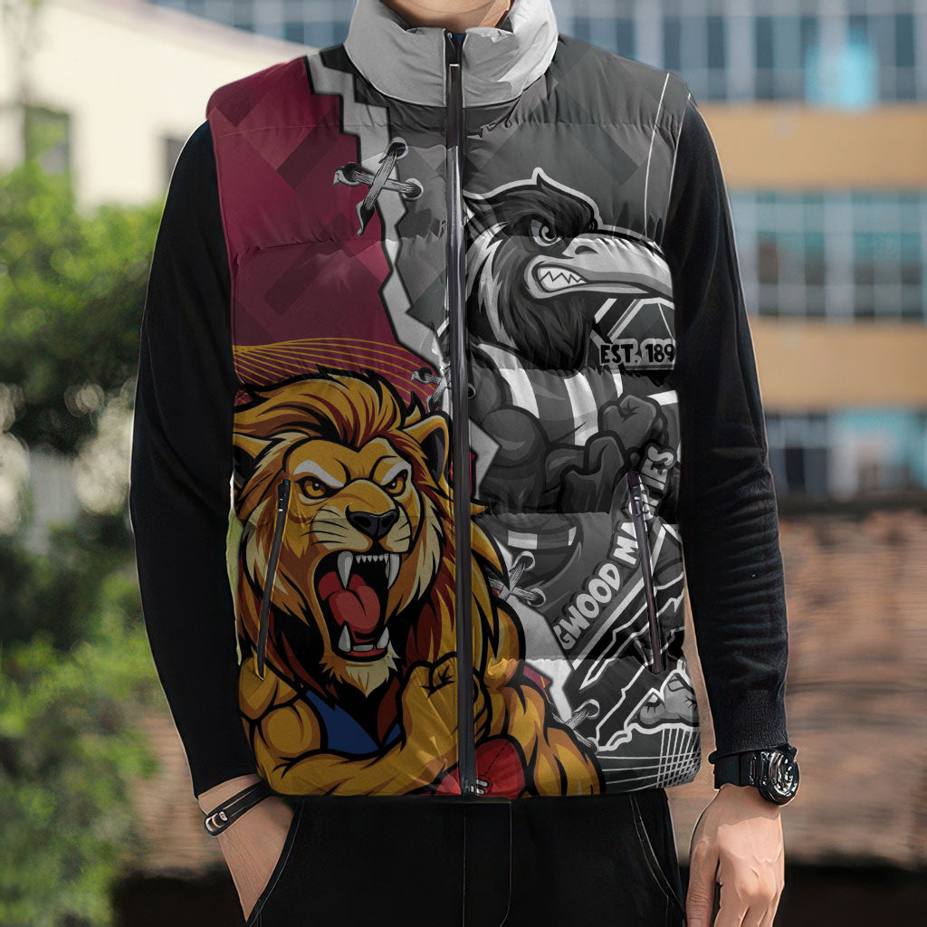 Personalised Collingwood and Brisbane Lions Sleeveless Puffer Jacket Dynamic Mascots Together