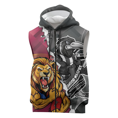 Personalised Collingwood and Brisbane Lions Sleeveless Zip Hoodie Dynamic Mascots Together