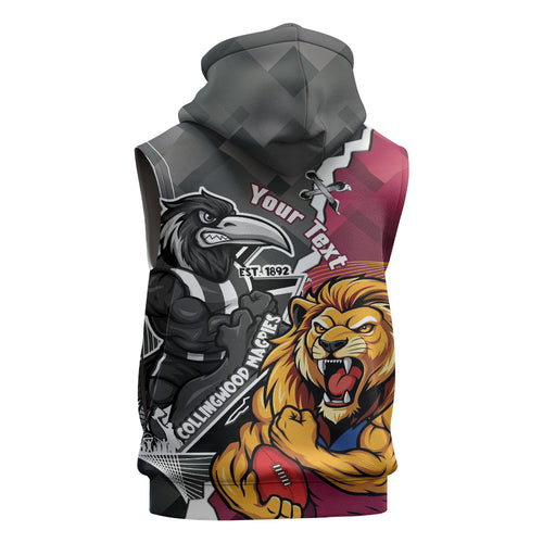 Personalised Collingwood and Brisbane Lions Sleeveless Zip Hoodie Dynamic Mascots Together