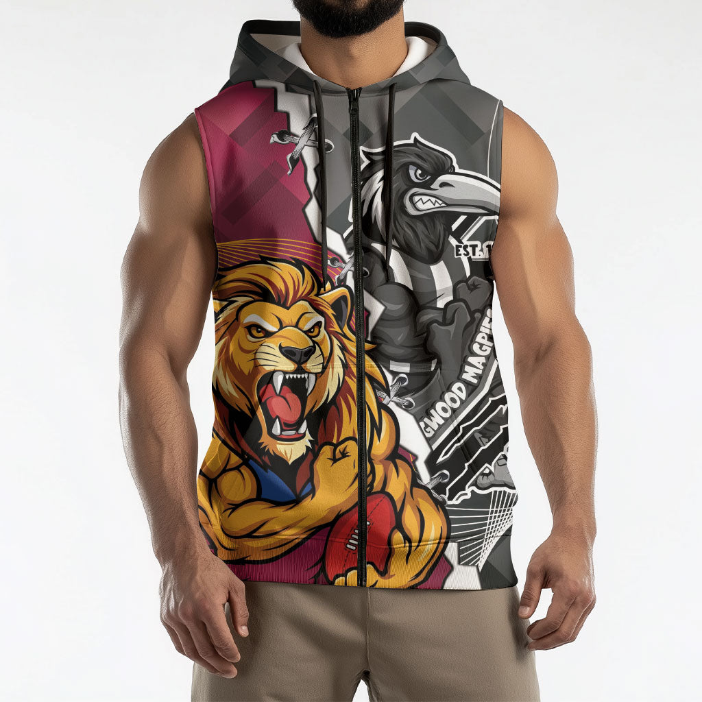 Personalised Collingwood and Brisbane Lions Sleeveless Zip Hoodie Dynamic Mascots Together