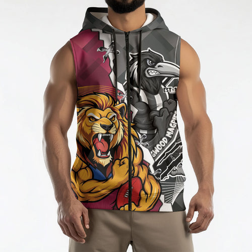 Personalised Collingwood and Brisbane Lions Sleeveless Zip Hoodie Dynamic Mascots Together