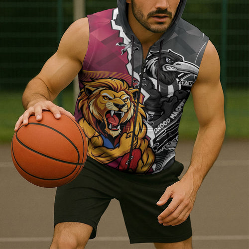 Personalised Collingwood and Brisbane Lions Sleeveless Zip Hoodie Dynamic Mascots Together