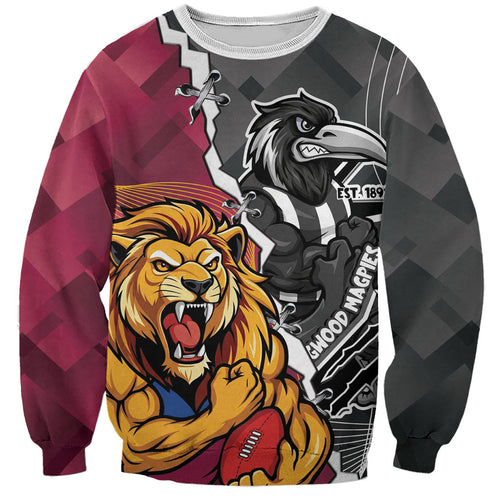 Personalised Collingwood and Brisbane Lions Sweatshirt Dynamic Mascots Together