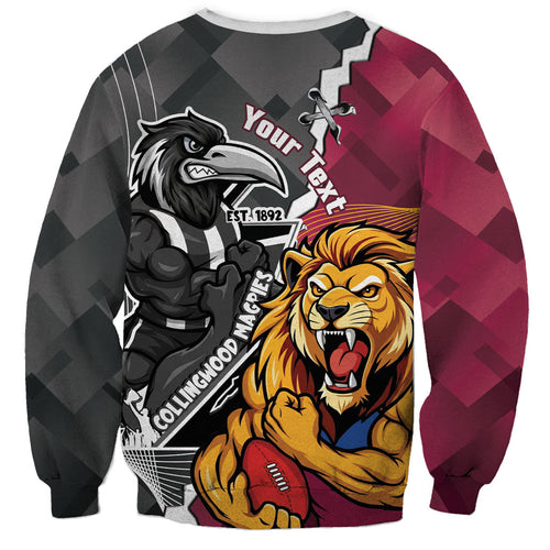 Personalised Collingwood and Brisbane Lions Sweatshirt Dynamic Mascots Together