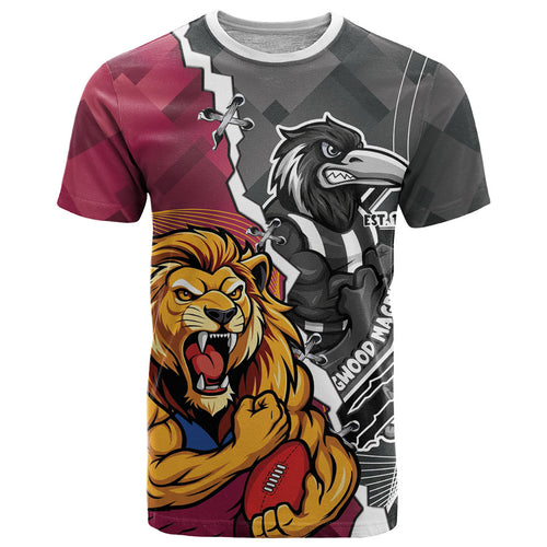 Personalised Collingwood and Brisbane Lions T Shirt Dynamic Mascots Together