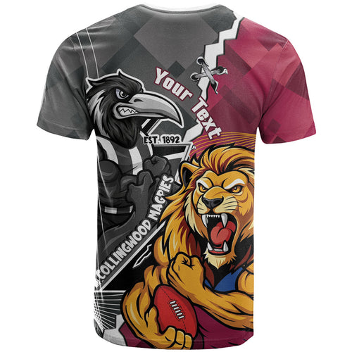 Personalised Collingwood and Brisbane Lions T Shirt Dynamic Mascots Together