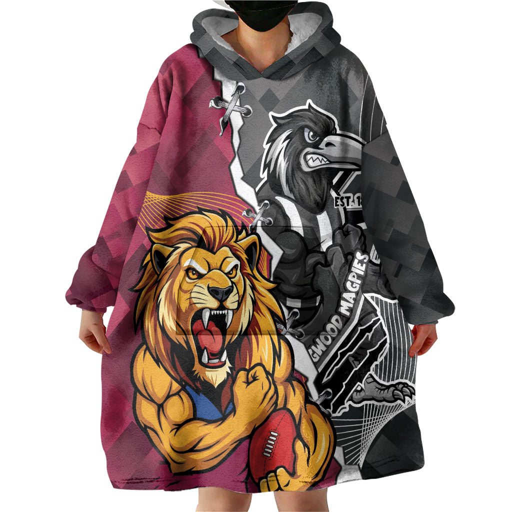 Personalised Collingwood and Brisbane Lions Wearable Blanket Hoodie Dynamic Mascots Together