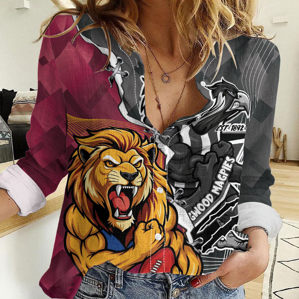 Personalised Collingwood and Brisbane Lions Women Casual Shirt Dynamic Mascots Together