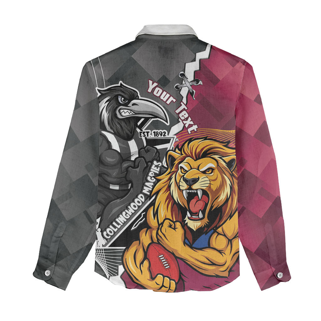 Personalised Collingwood and Brisbane Lions Women Casual Shirt Dynamic Mascots Together