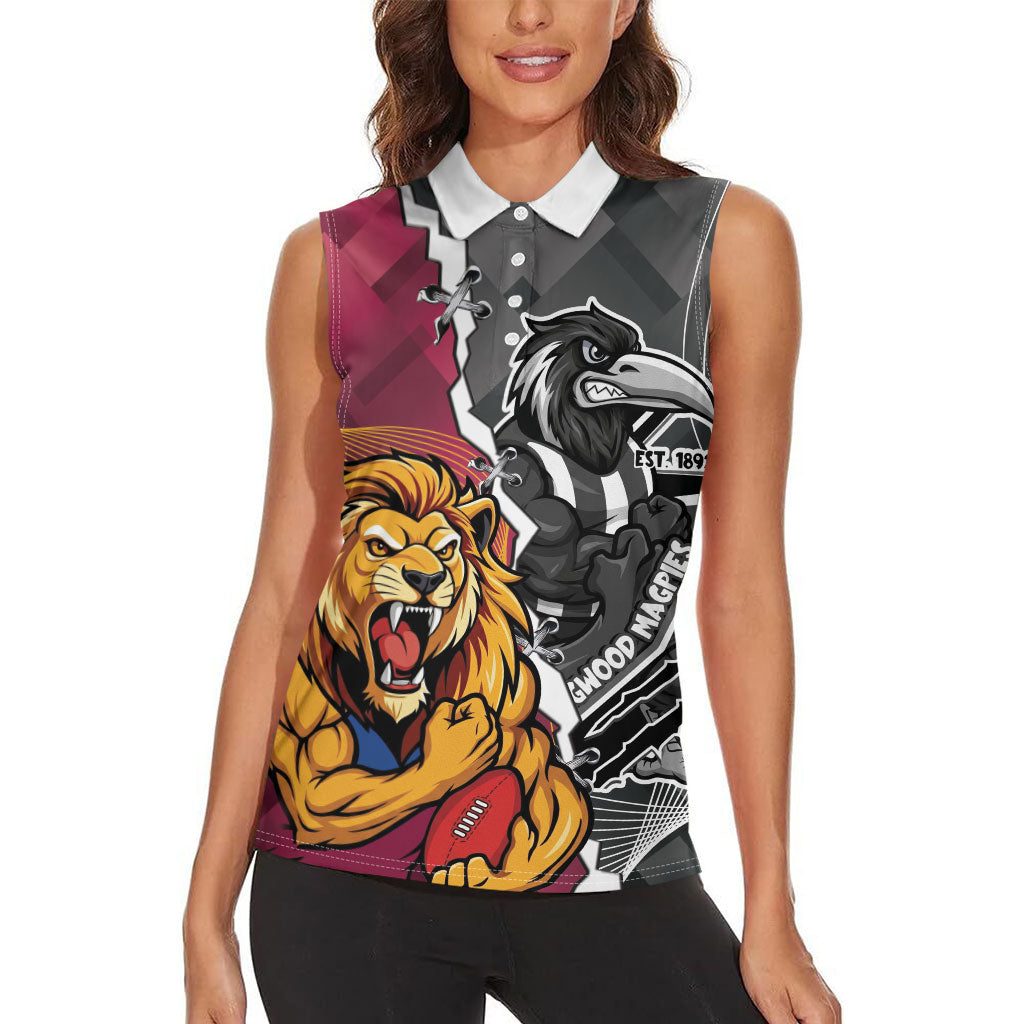 Personalised Collingwood and Brisbane Lions Women Sleeveless Polo Shirt Dynamic Mascots Together