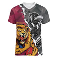 Personalised Collingwood and Brisbane Lions Women V-Neck T-Shirt Dynamic Mascots Together