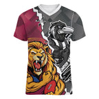Personalised Collingwood and Brisbane Lions Women V-Neck T-Shirt Dynamic Mascots Together
