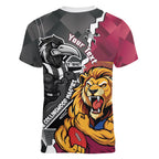 Personalised Collingwood and Brisbane Lions Women V-Neck T-Shirt Dynamic Mascots Together