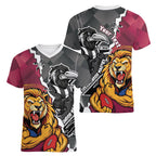 Personalised Collingwood and Brisbane Lions Women V-Neck T-Shirt Dynamic Mascots Together