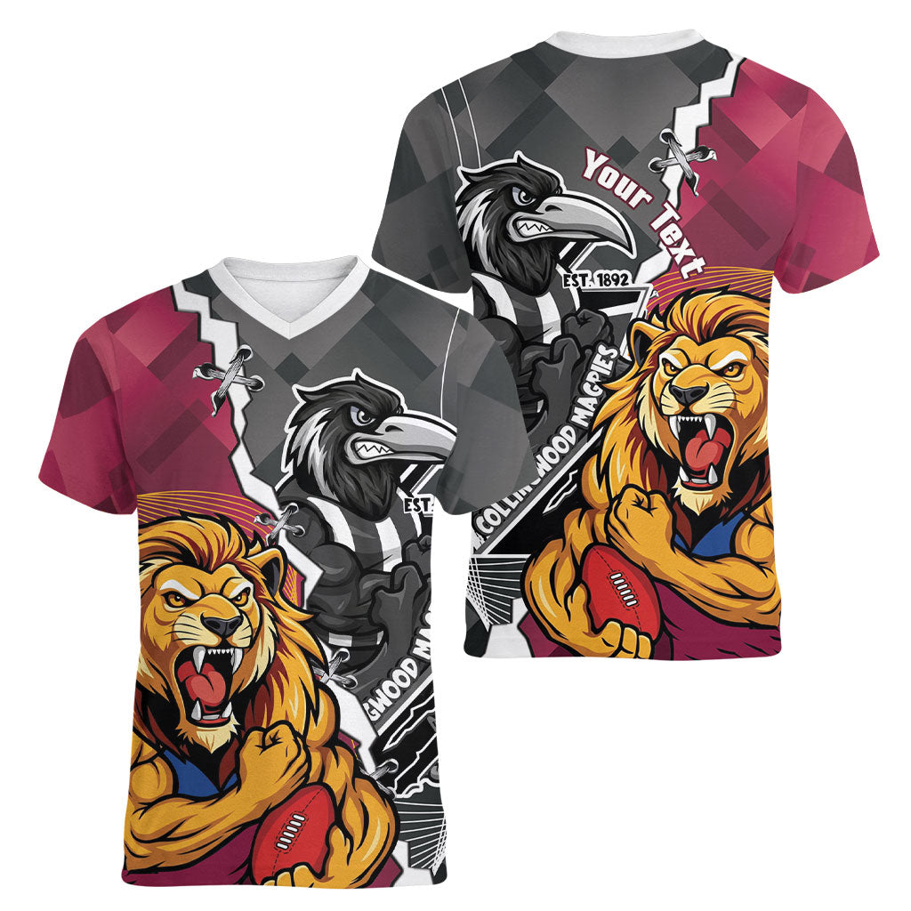 Personalised Collingwood and Brisbane Lions Women V-Neck T-Shirt Dynamic Mascots Together