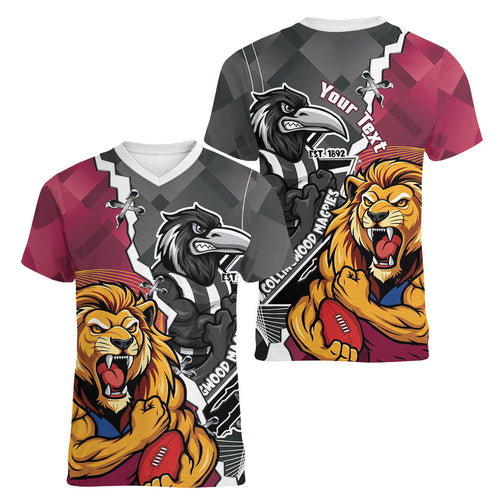 Personalised Collingwood and Brisbane Lions Women V-Neck T-Shirt Dynamic Mascots Together
