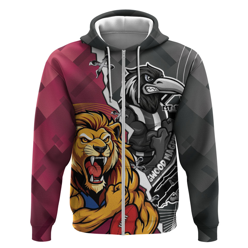 Personalised Collingwood and Brisbane Lions Zip Hoodie Dynamic Mascots Together