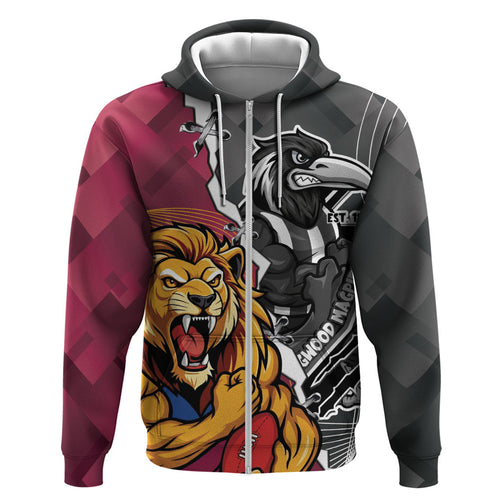 Personalised Collingwood and Brisbane Lions Zip Hoodie Dynamic Mascots Together