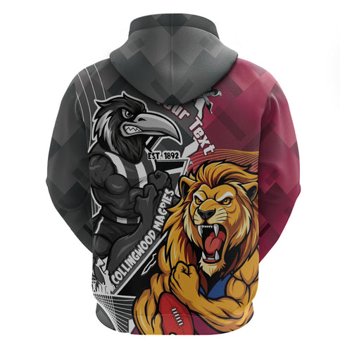 Personalised Collingwood and Brisbane Lions Zip Hoodie Dynamic Mascots Together