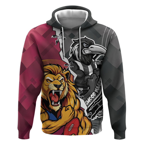 Personalised Collingwood and Brisbane Lions Zip Hoodie Dynamic Mascots Together