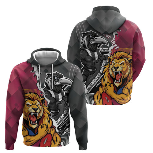Personalised Collingwood and Brisbane Lions Zip Hoodie Dynamic Mascots Together