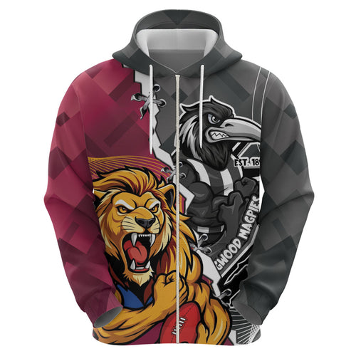 Personalised Collingwood and Brisbane Lions Zip Hoodie Dynamic Mascots Together
