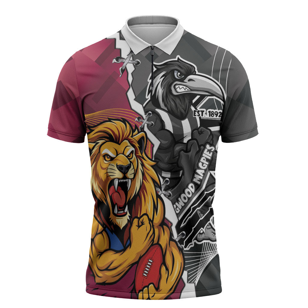 Personalised Collingwood and Brisbane Lions Zipper Polo Shirt Dynamic Mascots Together
