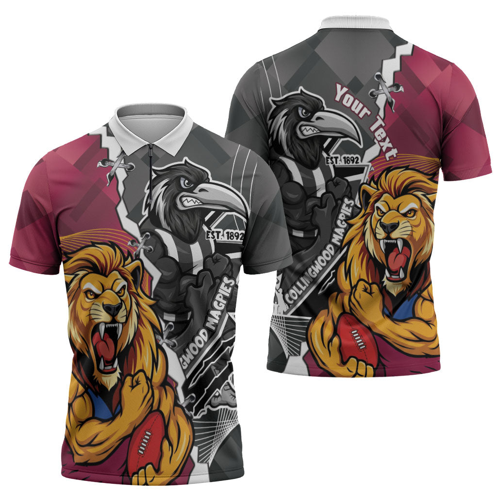 Personalised Collingwood and Brisbane Lions Zipper Polo Shirt Dynamic Mascots Together