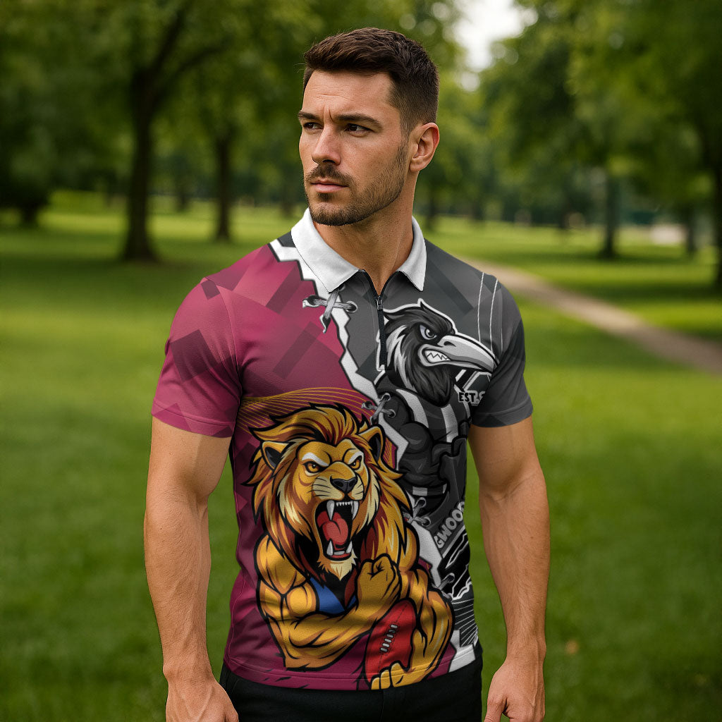 Personalised Collingwood and Brisbane Lions Zipper Polo Shirt Dynamic Mascots Together