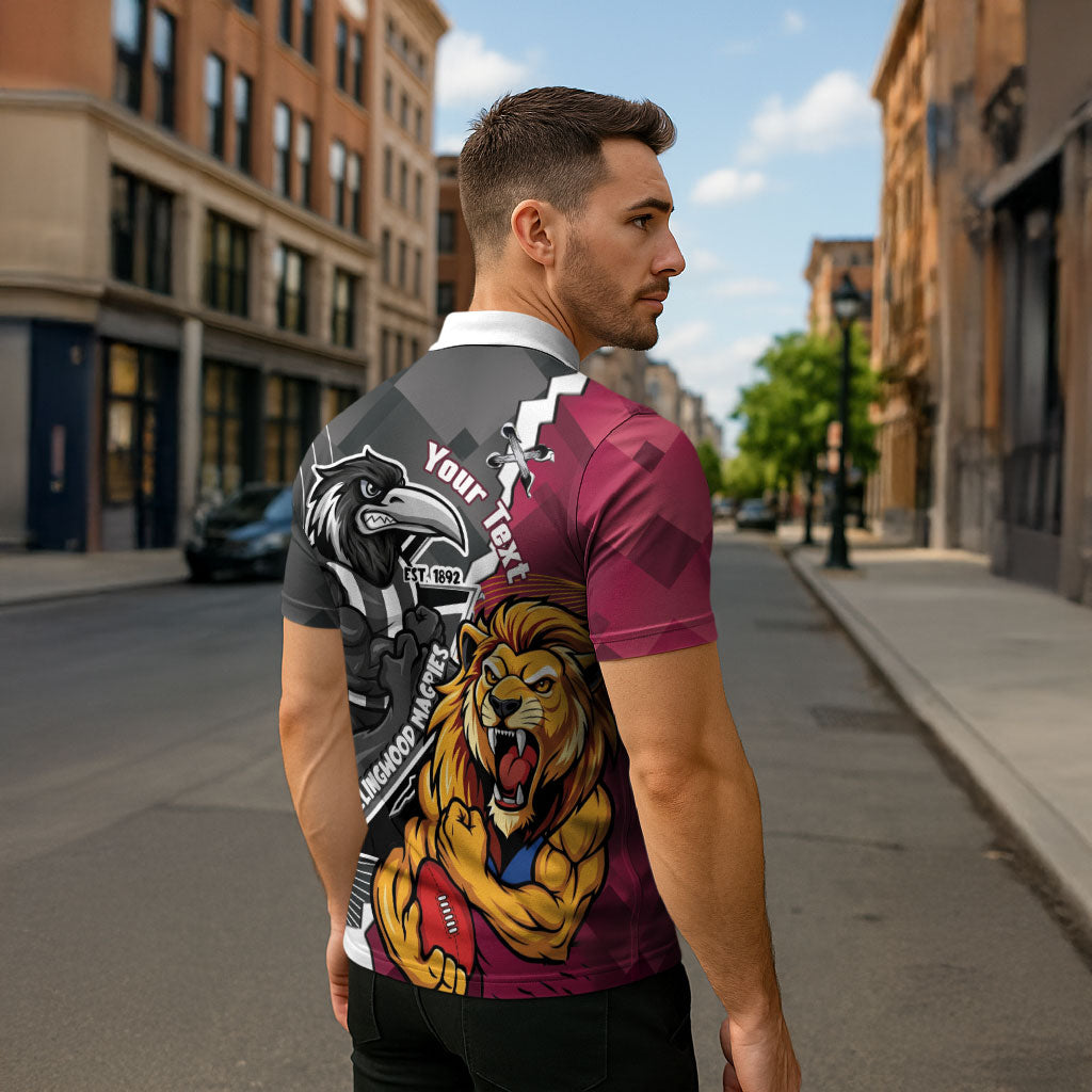 Personalised Collingwood and Brisbane Lions Zipper Polo Shirt Dynamic Mascots Together
