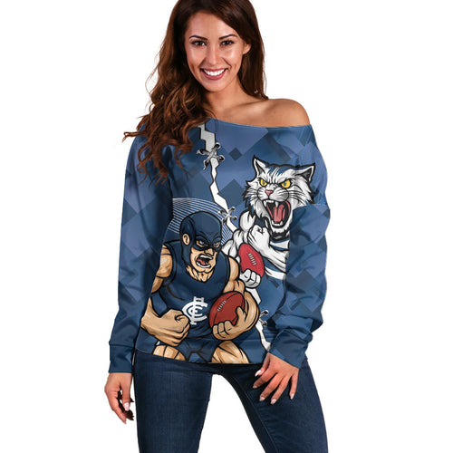 Personalised Cats and Blues Off Shoulder Sweater Dynamic Mascots Together